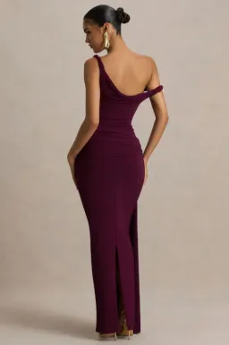 Club L London Tulisa Burgundy Asymmetric-Neck Maxi Dress With Twist Sleeves And Ruched Detailing Size 10 for rent on The Volte - image 2