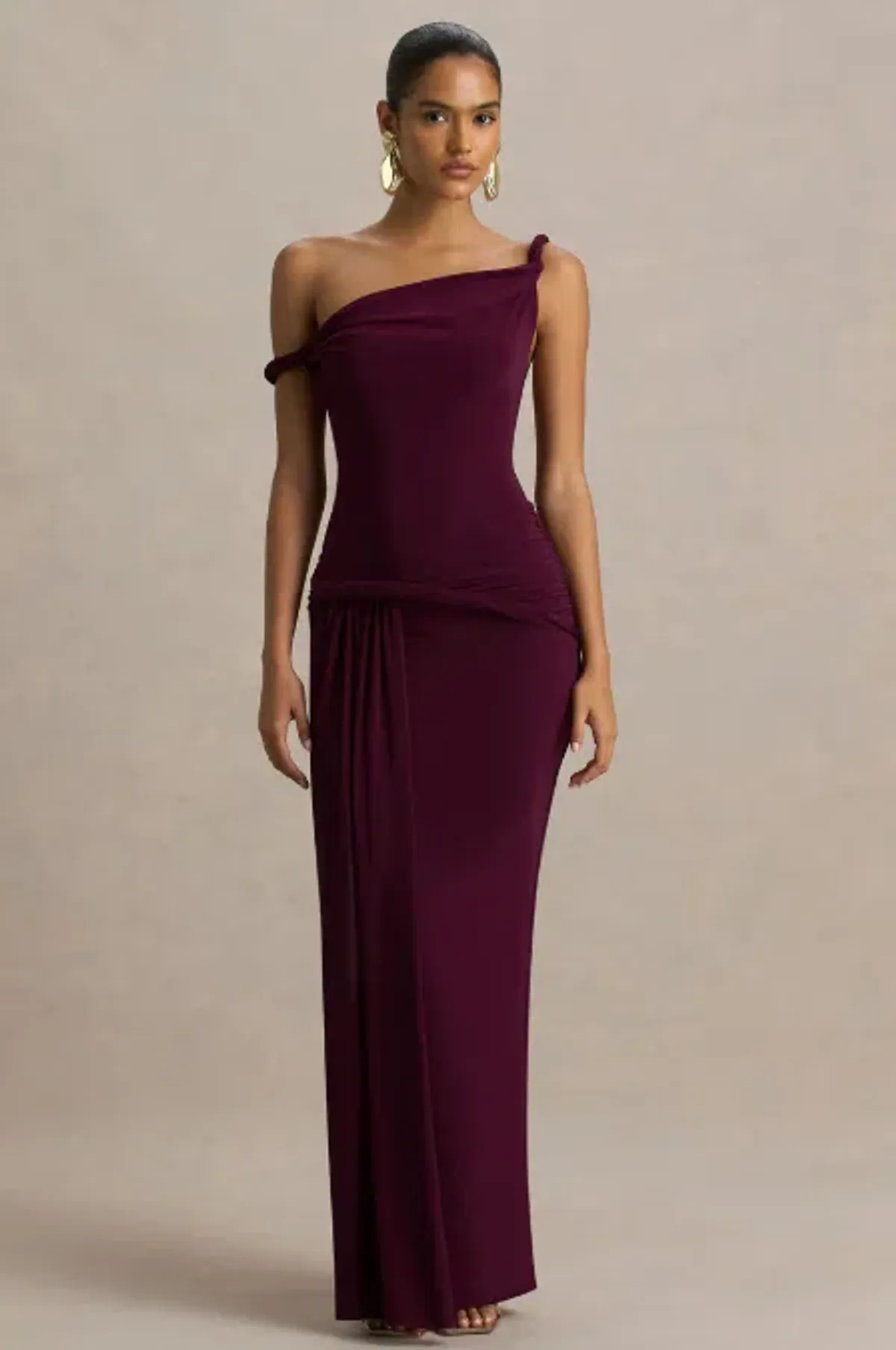 Club L London Tulisa Burgundy Asymmetric-Neck Maxi Dress With Twist Sleeves And Ruched Detailing Size 10 for rent on The Volte - main image