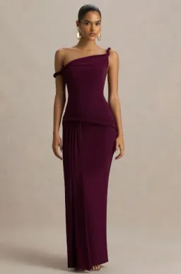 Club L London Tulisa Burgundy Asymmetric-Neck Maxi Dress With Twist Sleeves And Ruched Detailing Size 10 for rent on The Volte - image 1