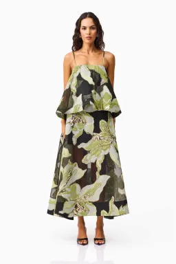 Elliatt Elysia Tiered Gown in Black/Green Floral / Size 14 for rent on The Volte - image 1