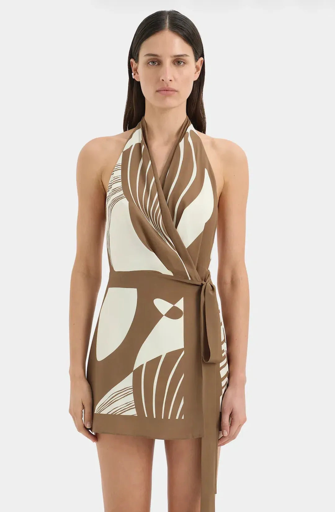 ALMARA WRAP HALTER MINI DRESS | ESPRESSO STRIPE - SIZE 6 for rent on The Volte - main image