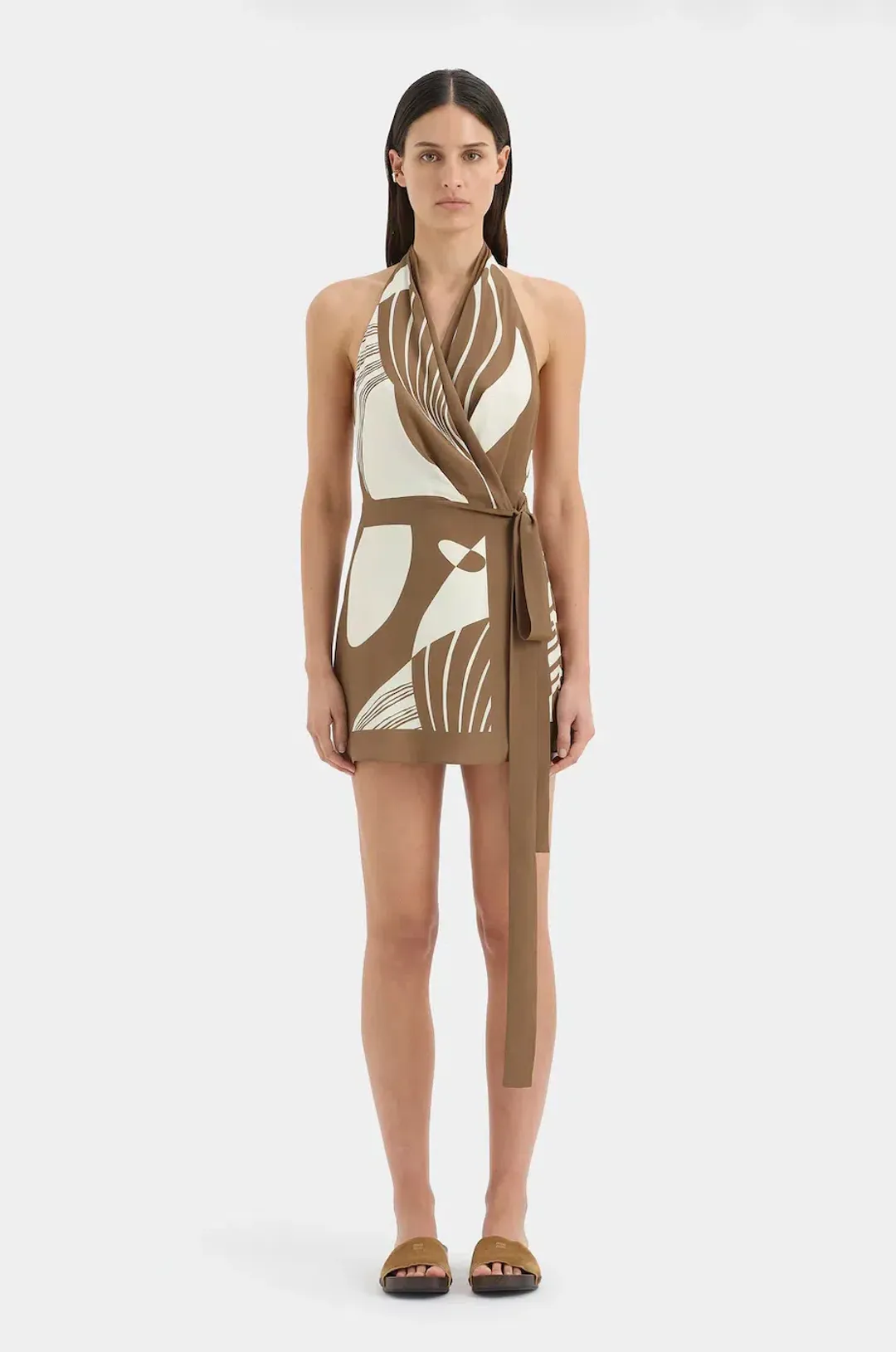 ALMARA WRAP HALTER MINI DRESS | ESPRESSO STRIPE - SIZE 10 for rent on The Volte - main image