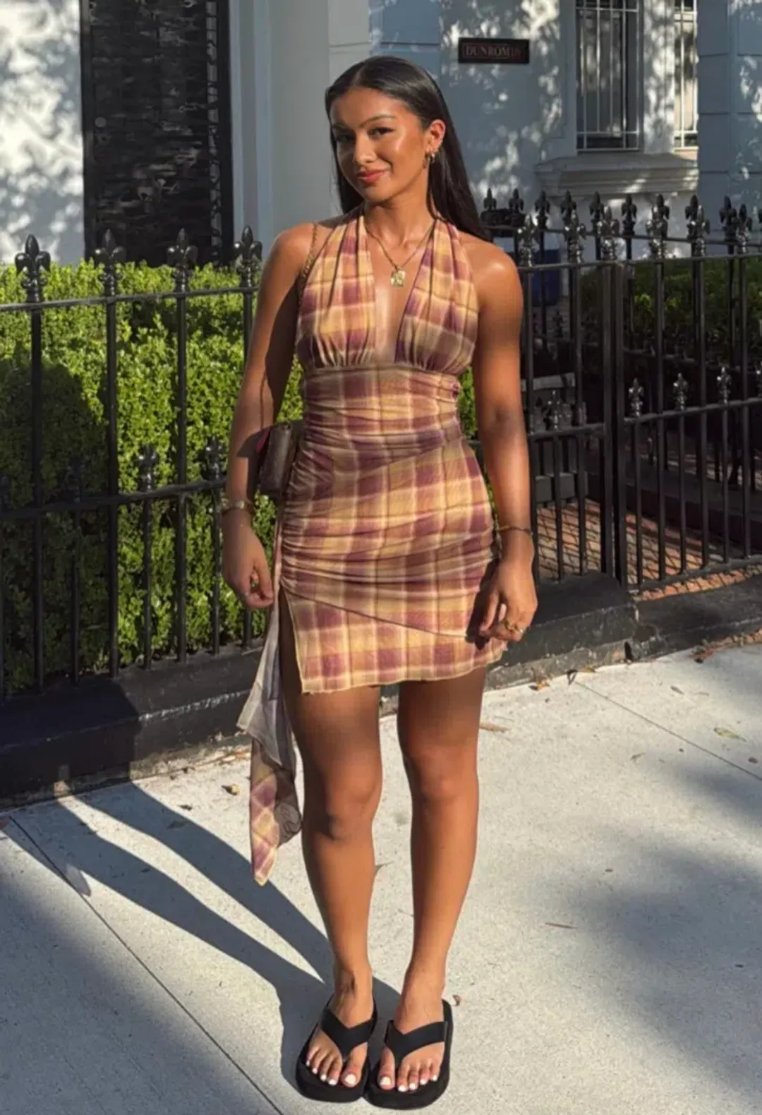 Benni Penelope Halter Mini Dress Toffee Check for rent on The Volte - main image