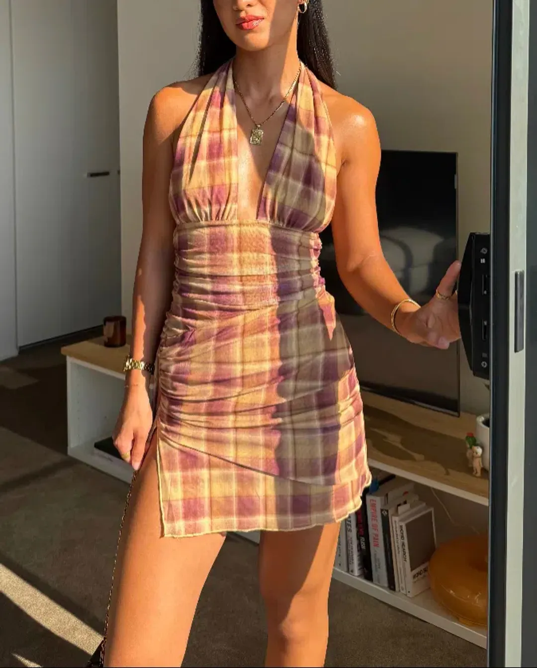 Benni Penelope Halter Mini Dress Toffee Check for rent on The Volte - main image