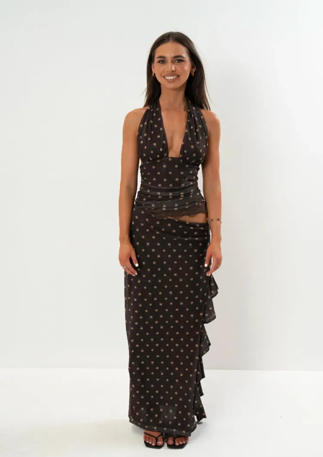 Benni Penelope Maxi Dress Espresso Chocolate Polka Dot for rent on The Volte - main image