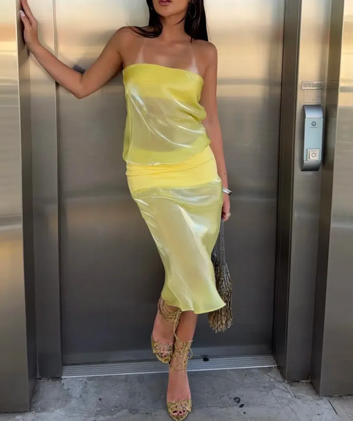 Mode Mischief Sheer Panel Dress Limoncello 6  for rent on The Volte - main image