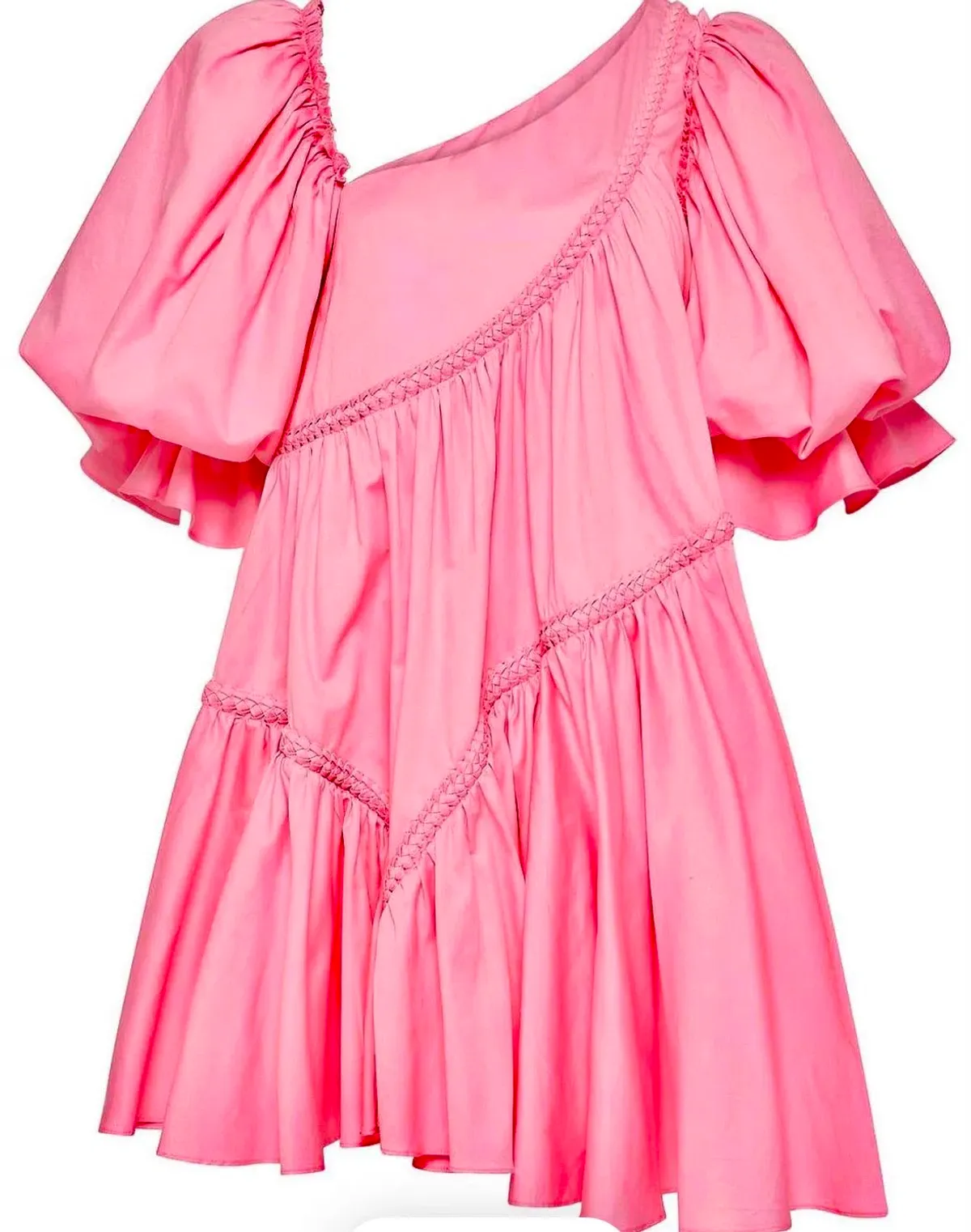 Cassabianca Braided Asymmetric Puff Sleeve Pink Mini Dress for rent on The Volte - main image