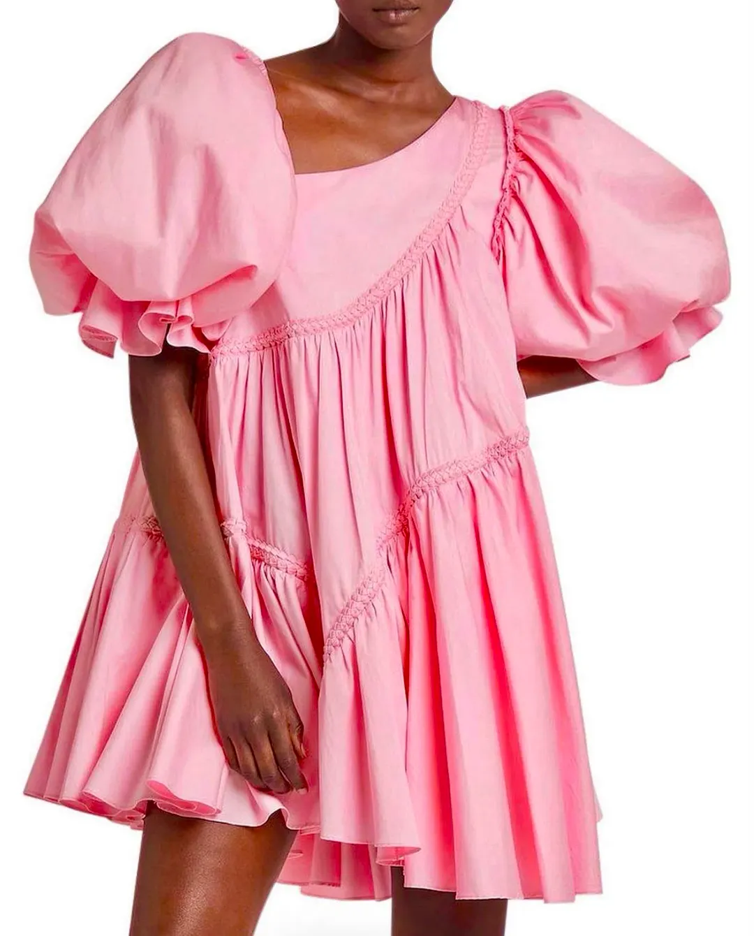 Cassabianca Braided Asymmetric Puff Sleeve Pink Mini Dress for rent on The Volte - main image