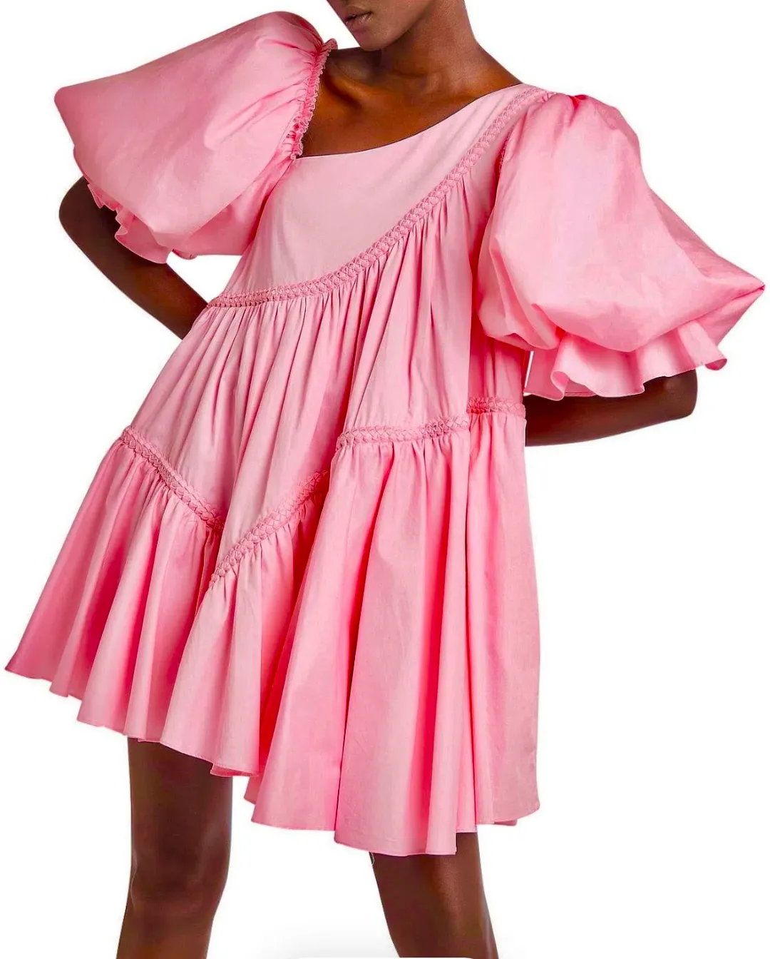Cassabianca Braided Asymmetric Puff Sleeve Pink Mini Dress for rent on The Volte - main image
