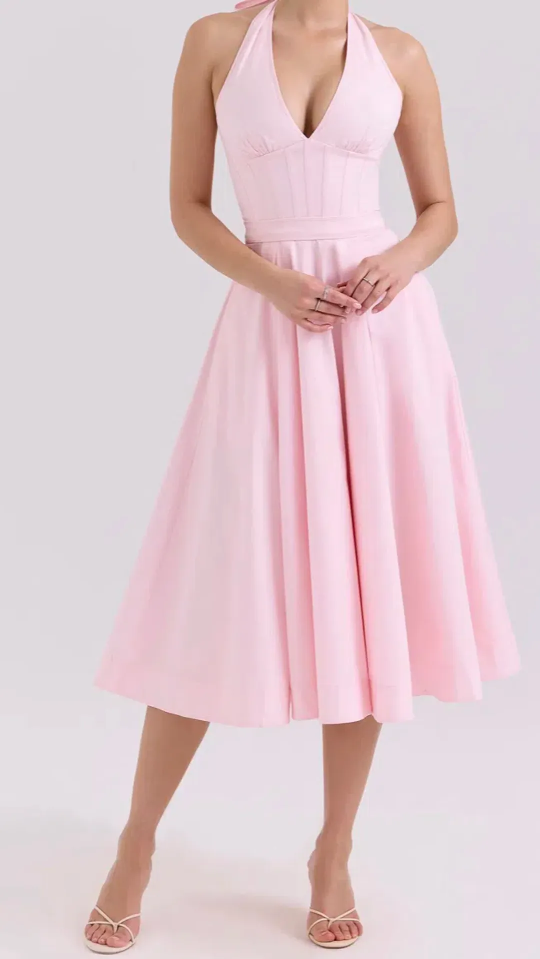 House of CB - Allen - Pink Stretch Cotton Halter Midi Sundress - Size Small, Cup A-B for rent on The Volte - main image