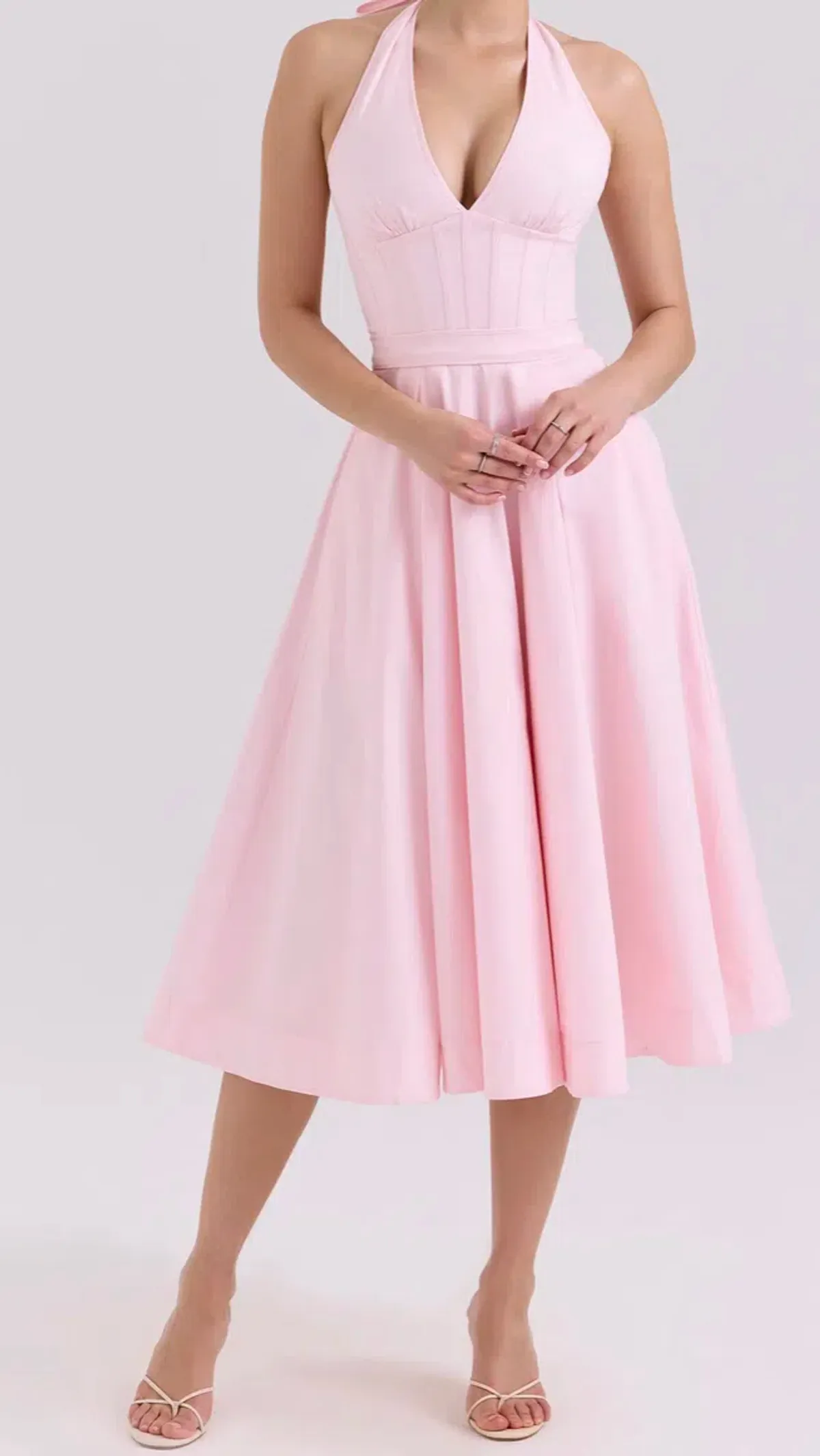 House of CB - Allen - Pink Stretch Cotton Halter Midi Sundress - Size Small, Cup A-B for rent on The Volte - main image