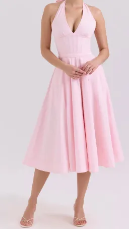 House of CB - Allen - Pink Stretch Cotton Halter Midi Sundress - Size Small, Cup A-B for rent on The Volte - image 1
