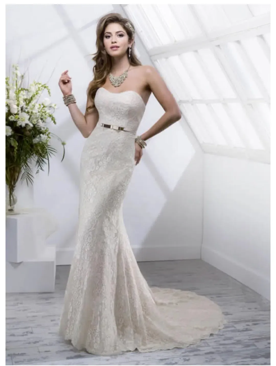 Maggie Sottero “Trinity” Wedding Dress in Champagne, Size 10 for rent on The Volte - main image
