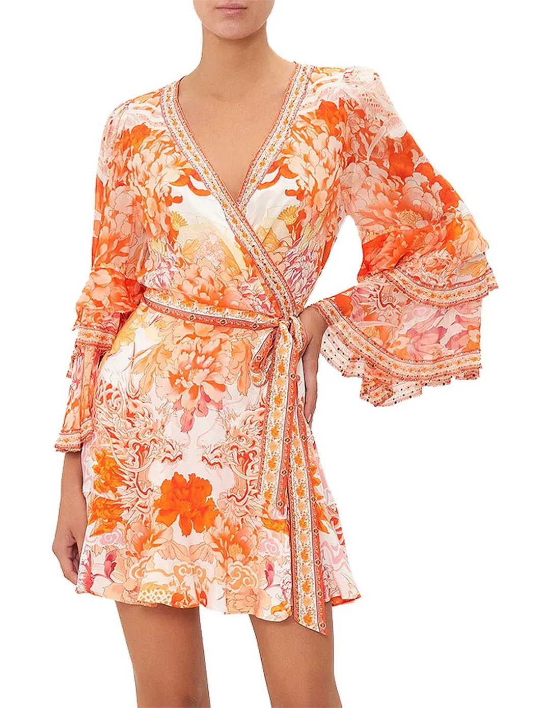 Camilla short wrap dress ruffle sleeve Dragon Mother print sz S for rent on The Volte - main image