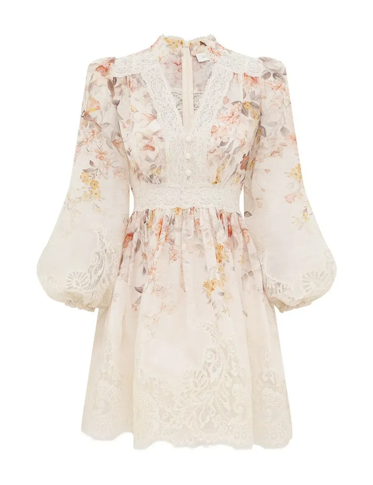 Zimmermann Luna Lace Lantern Mini Dress in Cream Songbird Size 1 / AU 10 for rent on The Volte - main image