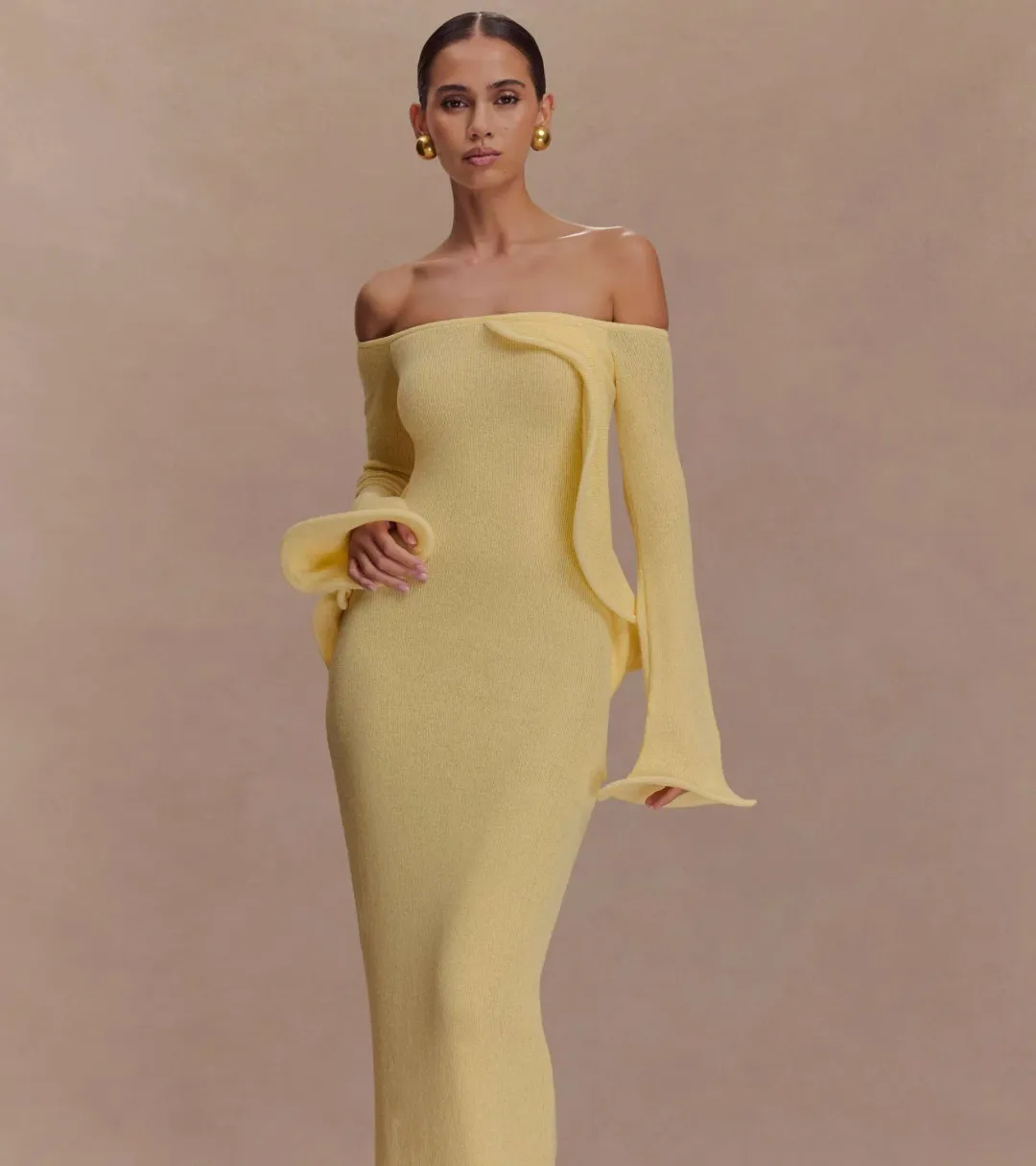 Meshki Sandrine Off Shoulder Knit Maxi Dress - Lemon - Size L / AU 12 for rent on The Volte - main image