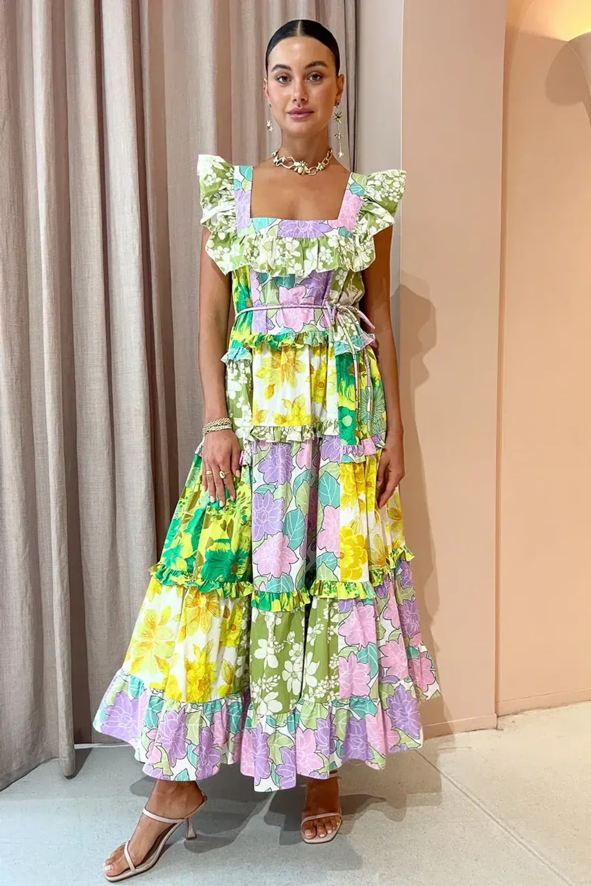 Alemais Elora Tiered Patchwork Midi Dress for rent on The Volte - main image