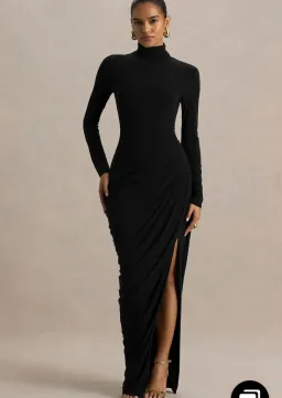 Club L London Betsy Black High-Neck Maxi Dress With Front Split And Ruched Detailing size 8 for rent on The Volte - image 2