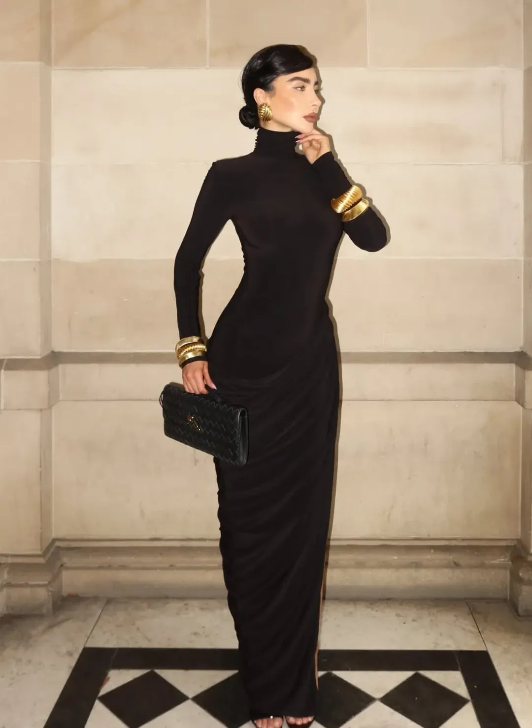 Club L London Betsy Black High-Neck Maxi Dress With Front Split And Ruched Detailing size 8 for rent on The Volte - main image