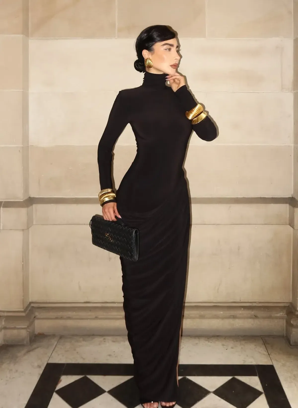 Club L London Betsy Black High-Neck Maxi Dress With Front Split And Ruched Detailing size 8 for rent on The Volte - main image
