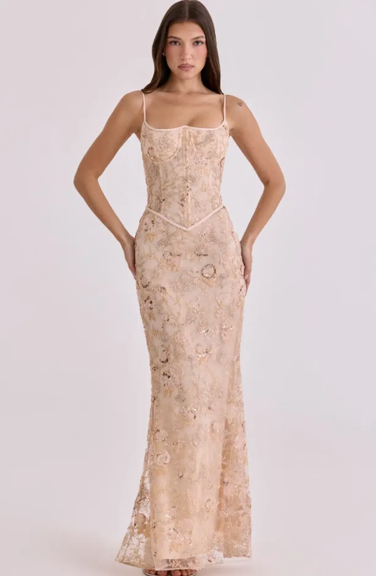 House of CB Naima peach hand beaded embellished corset maxi dress - limited edition Regular cup Size L for rent on The Volte - main image