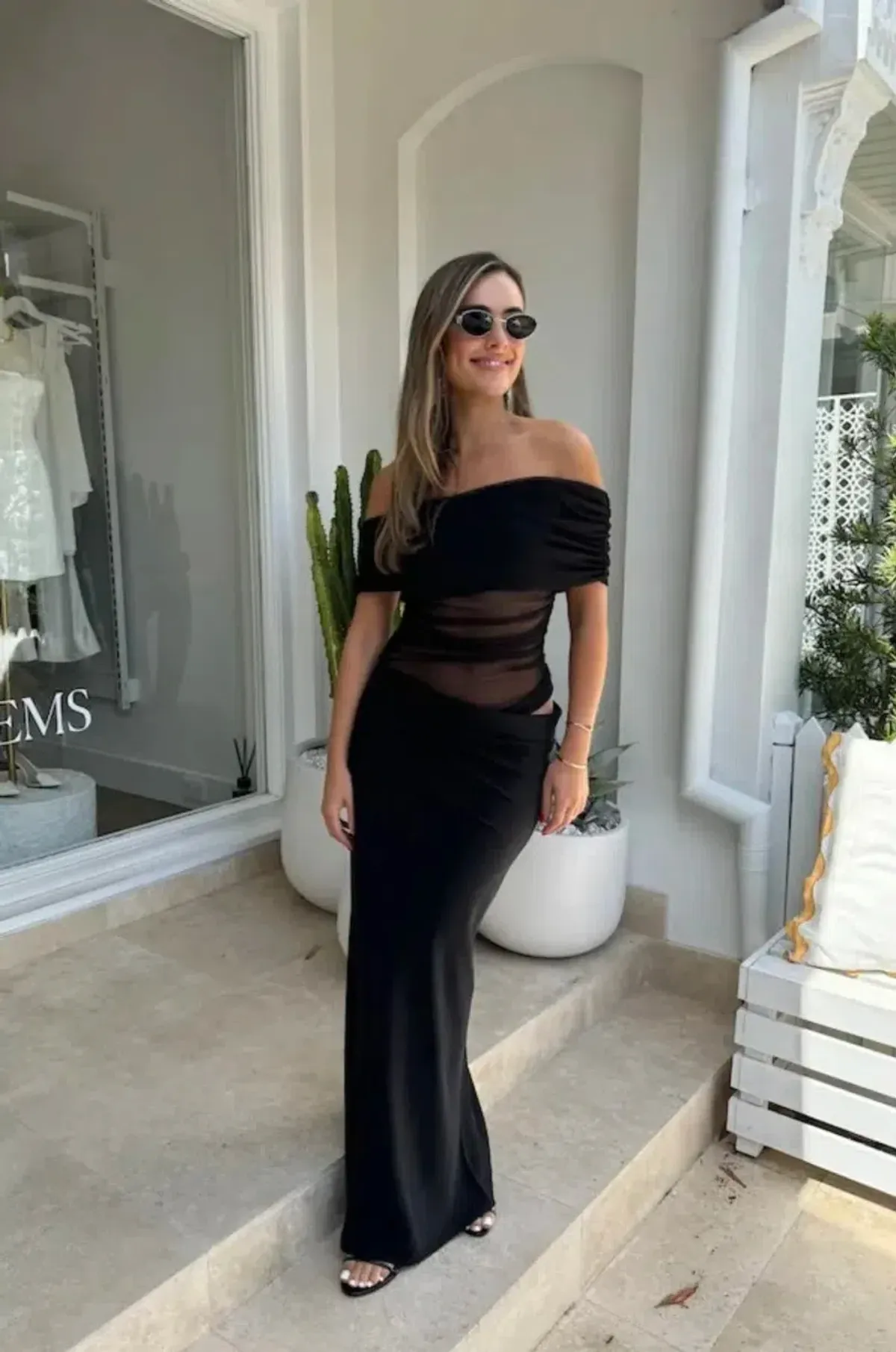 Benni Nico off shoulder maxi dress in black size 8 for rent on The Volte - main image