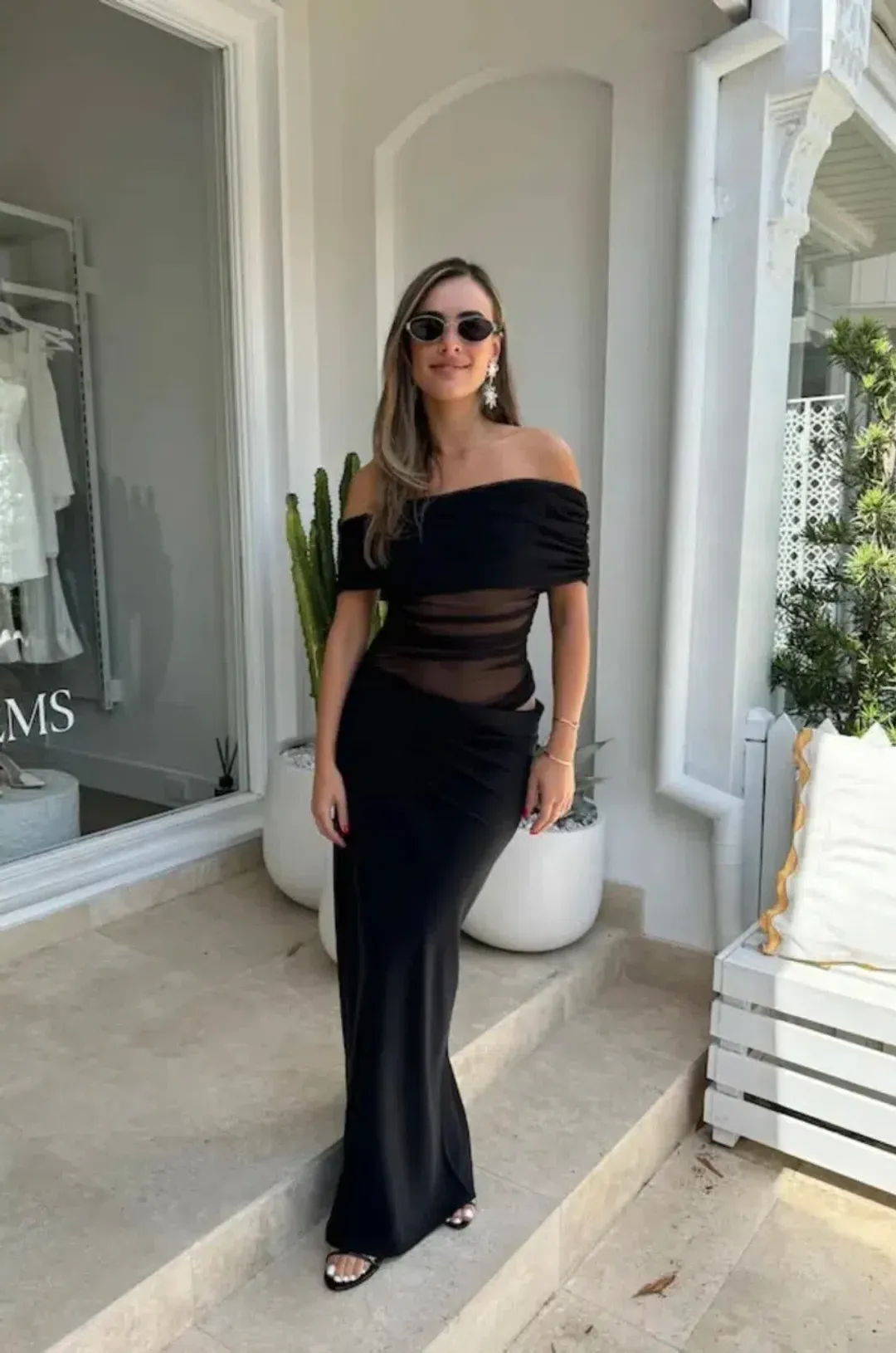 Benni Nico off shoulder maxi dress in black size 8 for rent on The Volte - main image