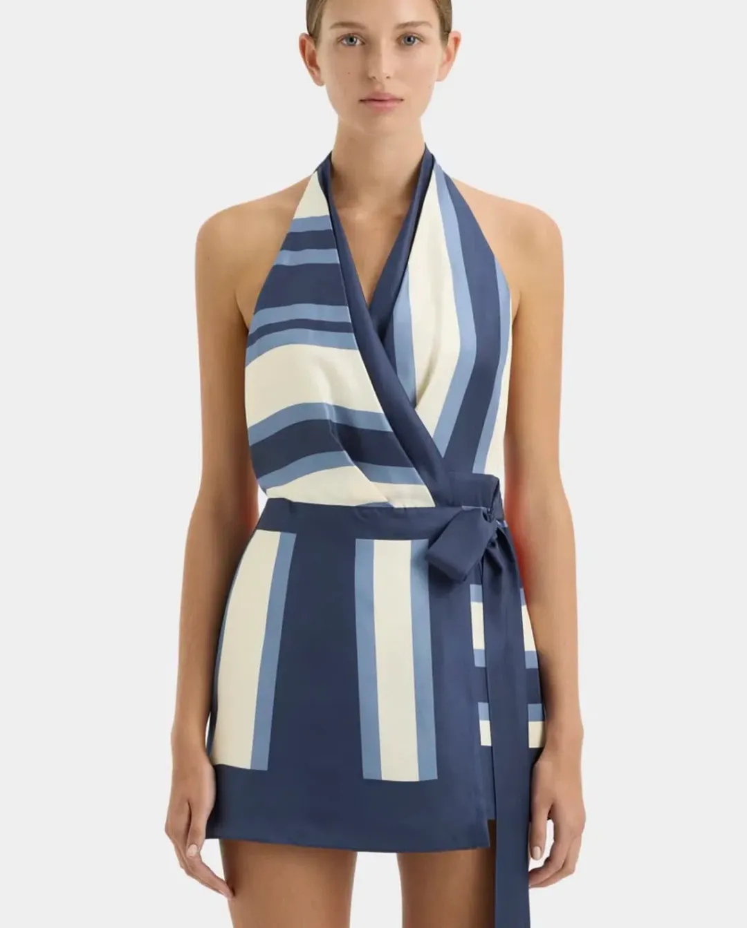 SIR the Label dazed wrap halter mini dress in studio print size 10 for rent on The Volte - main image