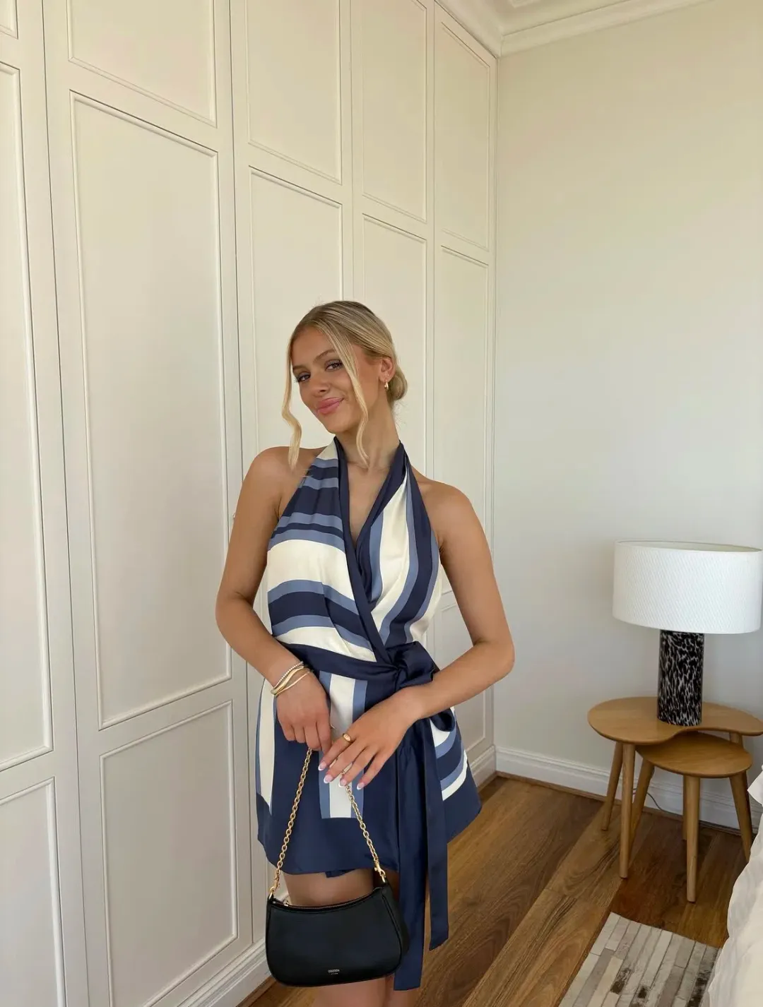 SIR the Label dazed wrap halter mini dress in studio print size 10 for rent on The Volte - main image