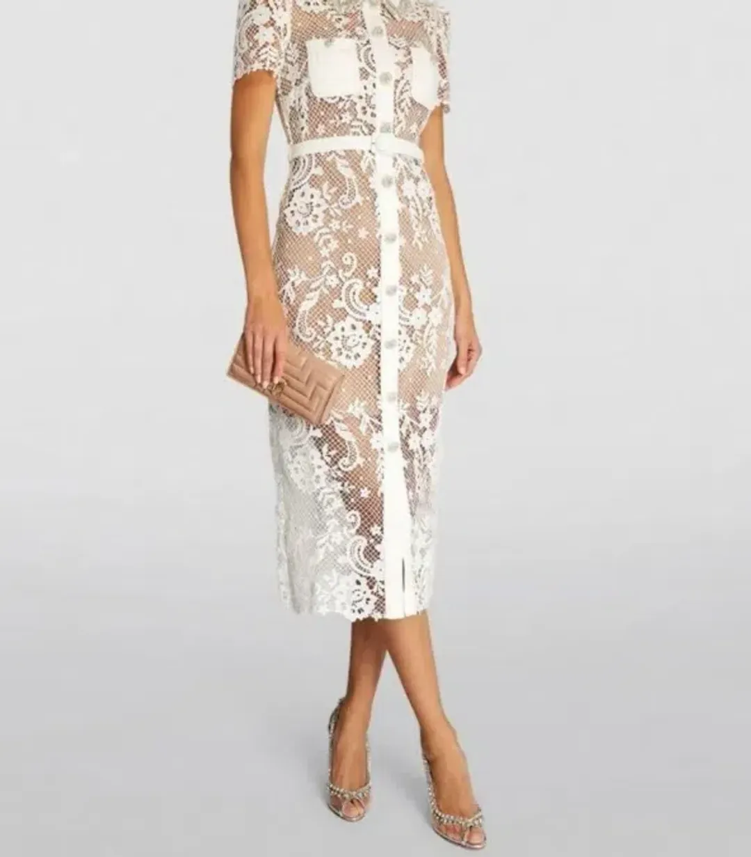 Self Portrait  White Lace Button Front Midi Dress for rent on The Volte - main image