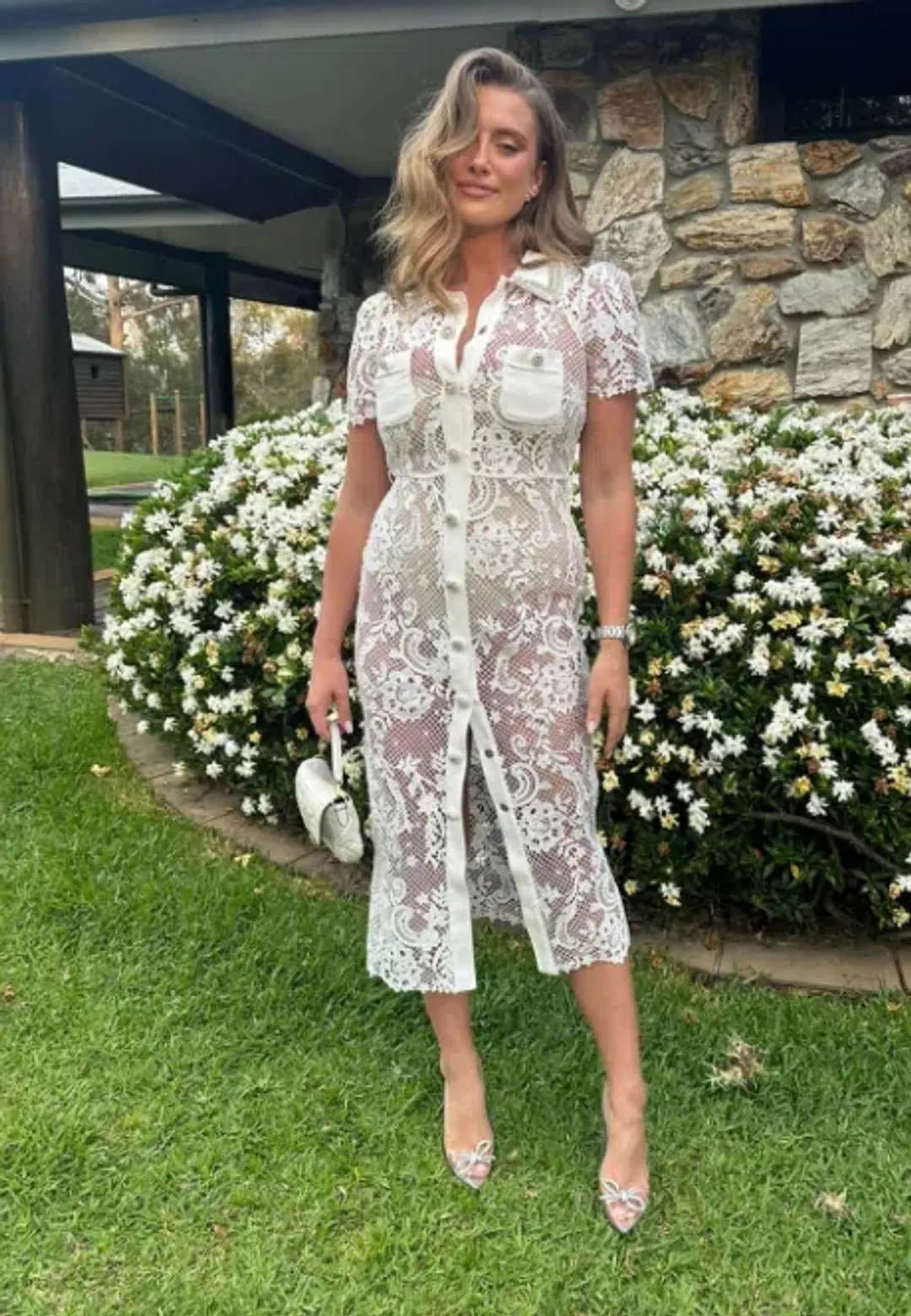 Self Portrait  White Lace Button Front Midi Dress for rent on The Volte - main image