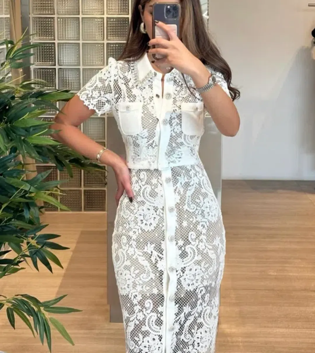 Self Portrait  White Lace Button Front Midi Dress for rent on The Volte - main image