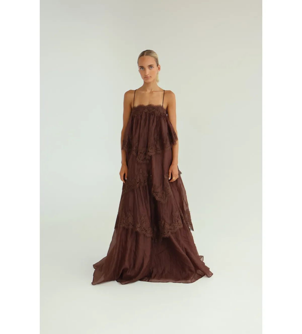 Aje Ophelia Lace Gown in Chocolate Size AU6 for rent on The Volte - main image