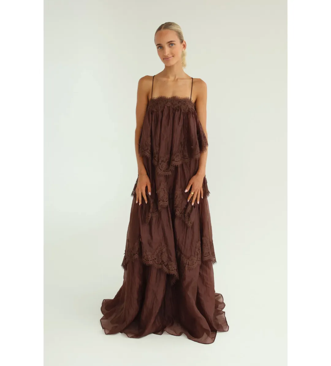 Aje Ophelia Lace Gown in Chocolate Size AU6 for rent on The Volte - main image