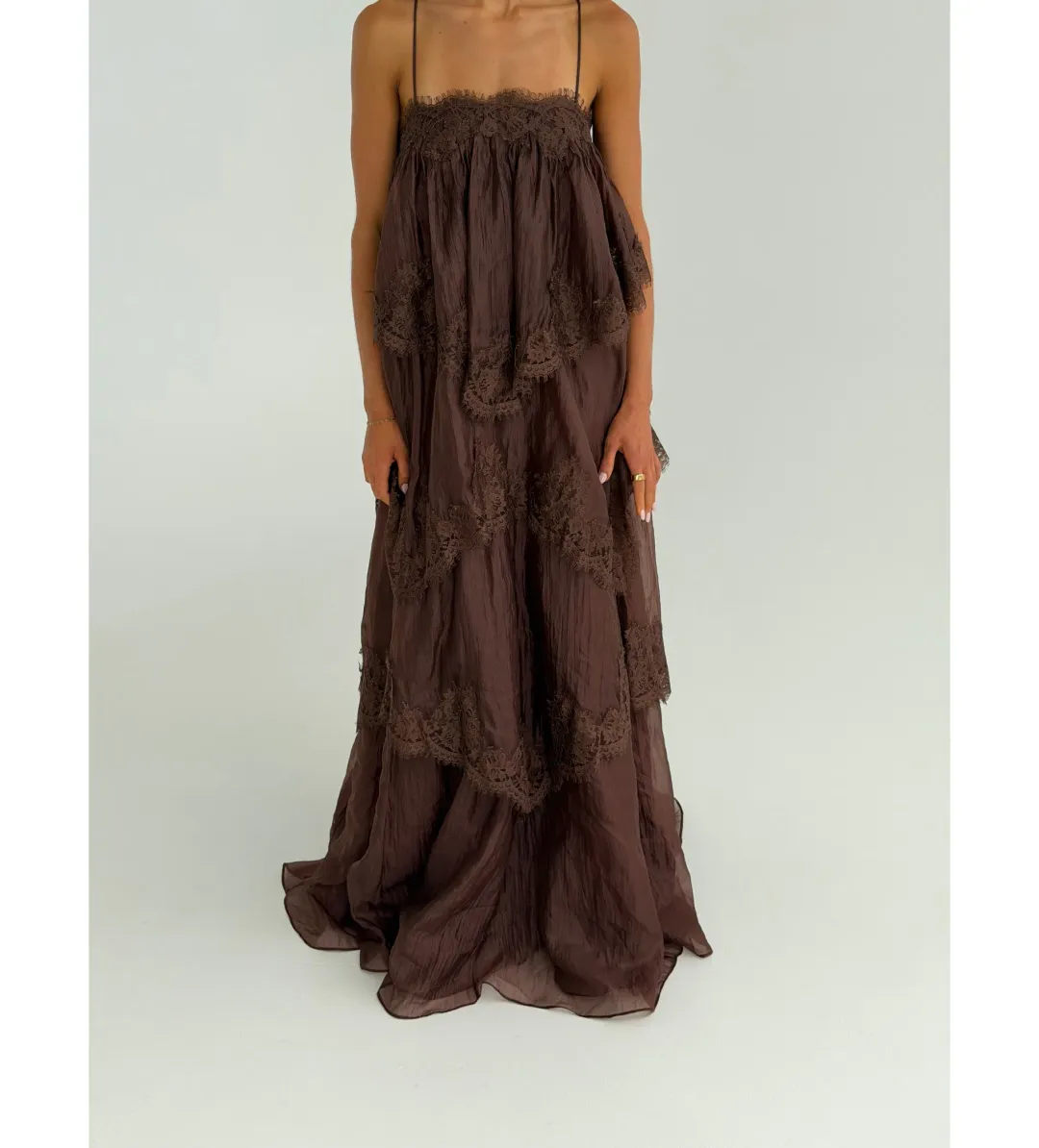 Aje Ophelia Lace Gown in Chocolate Size AU6 for rent on The Volte - main image