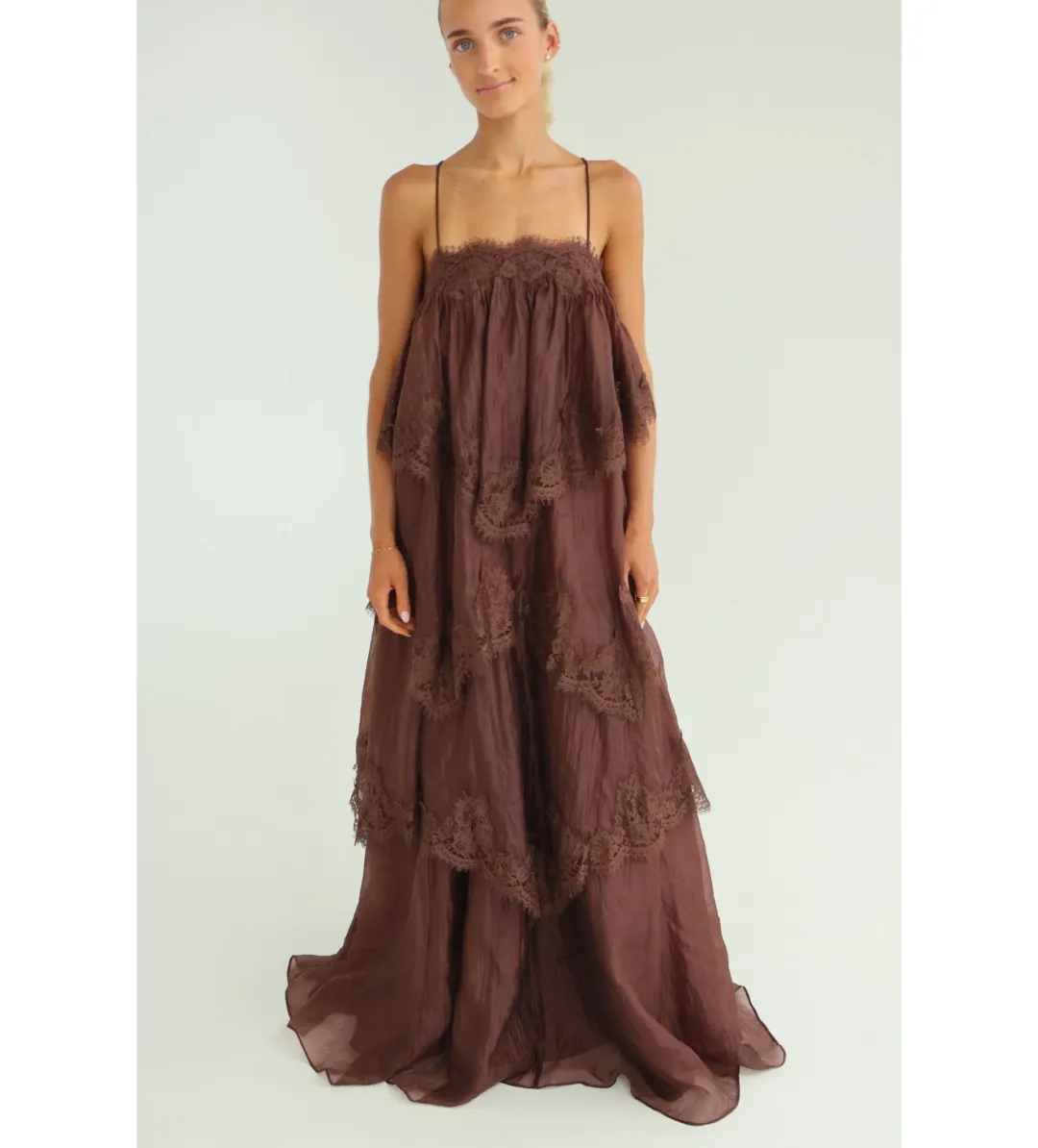 Aje Ophelia Lace Gown in Chocolate Size AU6 for rent on The Volte - main image