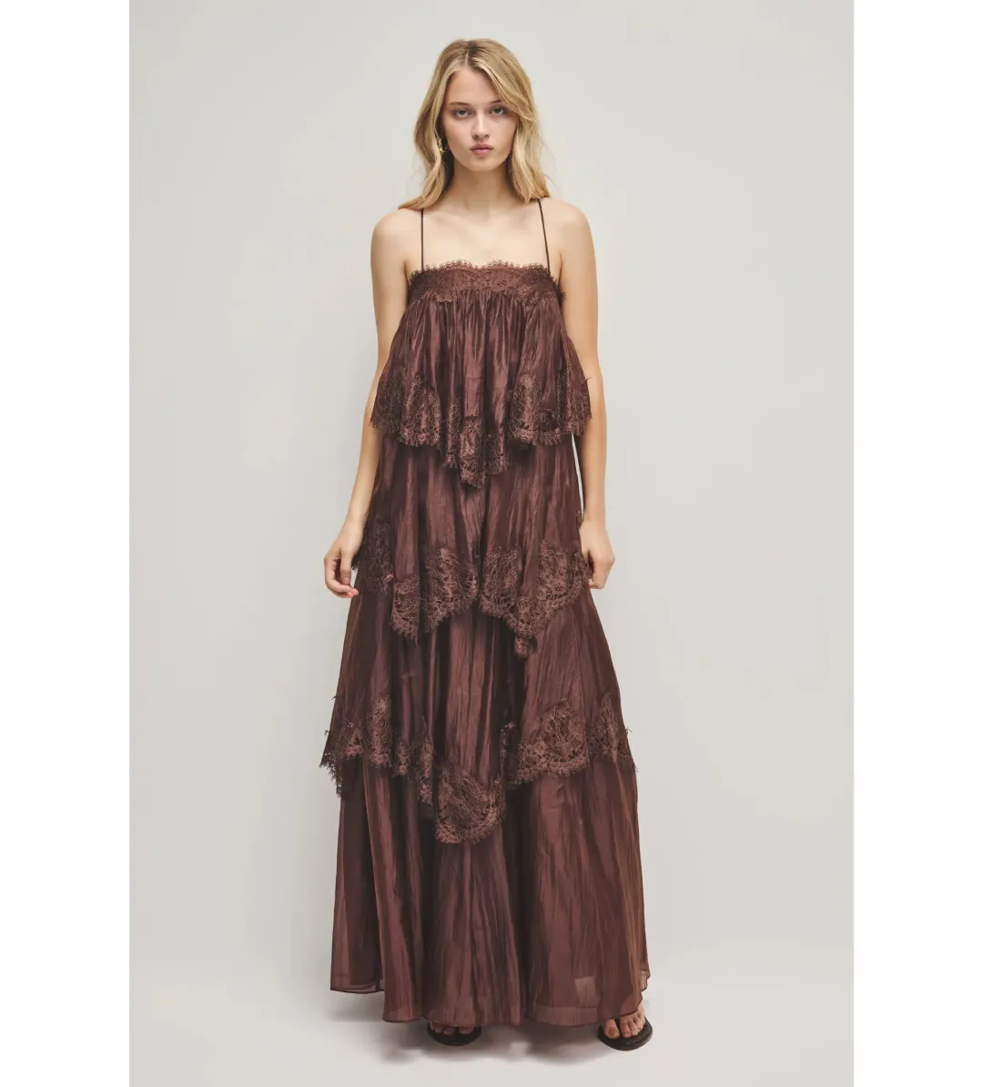 Aje Ophelia Lace Gown in Chocolate Size AU8 for rent on The Volte - main image