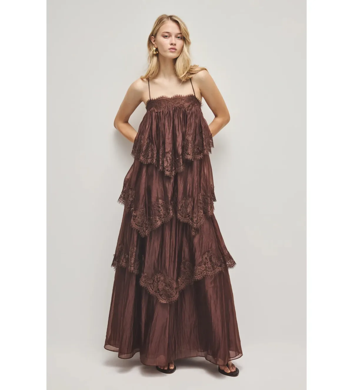 Aje Ophelia Lace Gown in Chocolate Size AU10 for rent on The Volte - main image