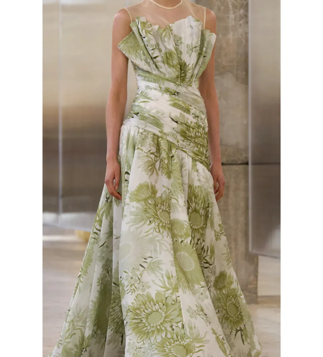 Aje Reflector Gown in Olive Native Floral Size AU8 for rent on The Volte - main image