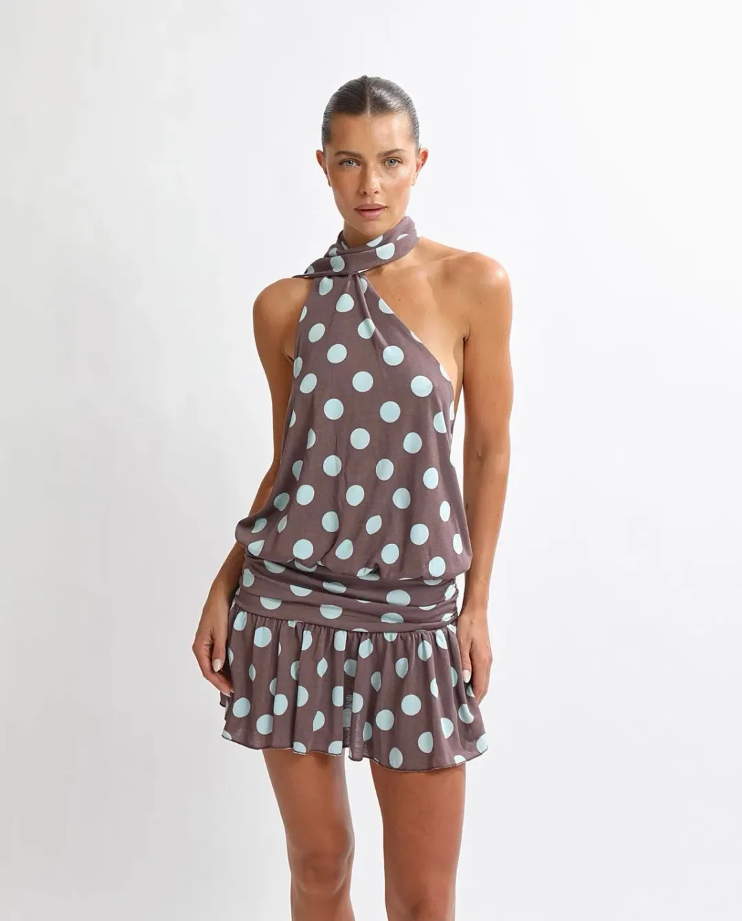 One Mile Mira Mini Dress Brown/Blue Polka for rent on The Volte - main image