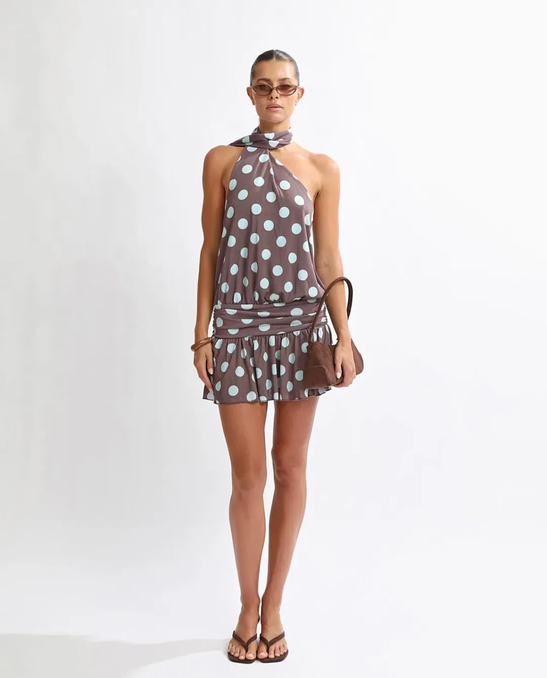 One Mile Mira Mini Dress Brown/Blue Polka for rent on The Volte - main image