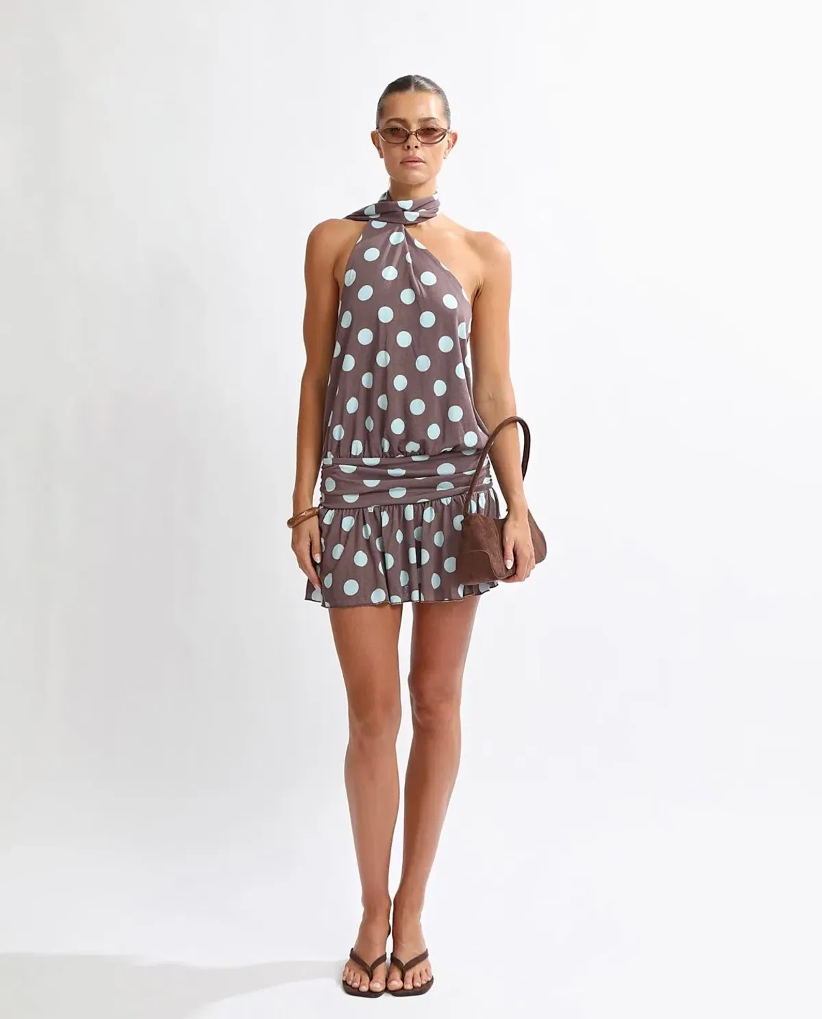 One Mile Mira Mini Dress Brown/Blue Polka for rent on The Volte - main image