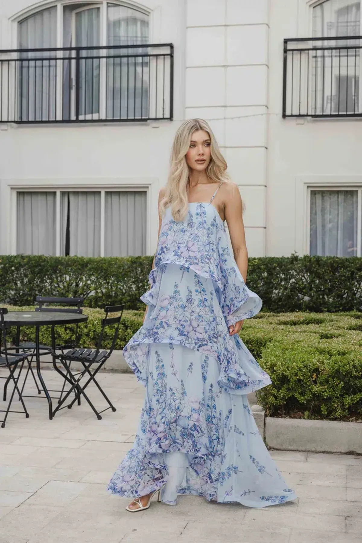 Armani Tiered Maxi Dress in Baby Blue Floral Size Small for rent on The Volte - main image