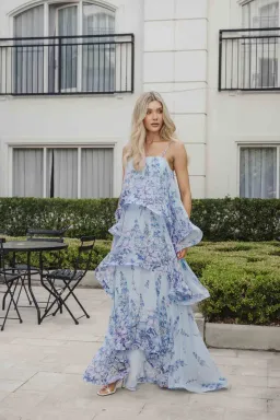 Armani Tiered Maxi Dress in Baby Blue Floral Size Small for rent on The Volte - image 1