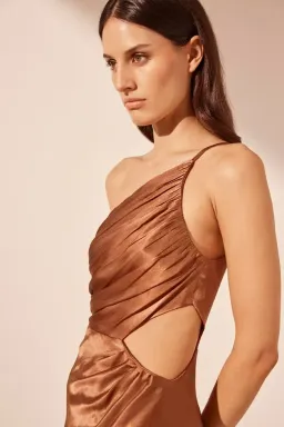 Shona Joy La Lune Asymmetrical Gathered Maxi Dress Almond | Size 10 for rent on The Volte - image 3