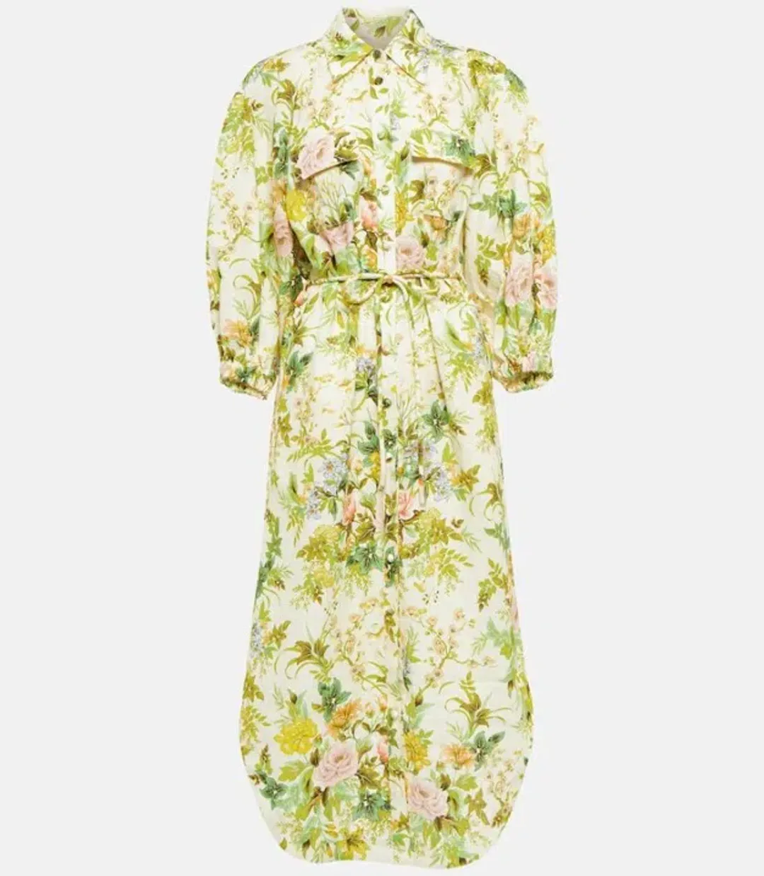 Alemais Eden Midi Shirt Dress Belted Green Floral Print Linen Size AU 12 for rent on The Volte - main image