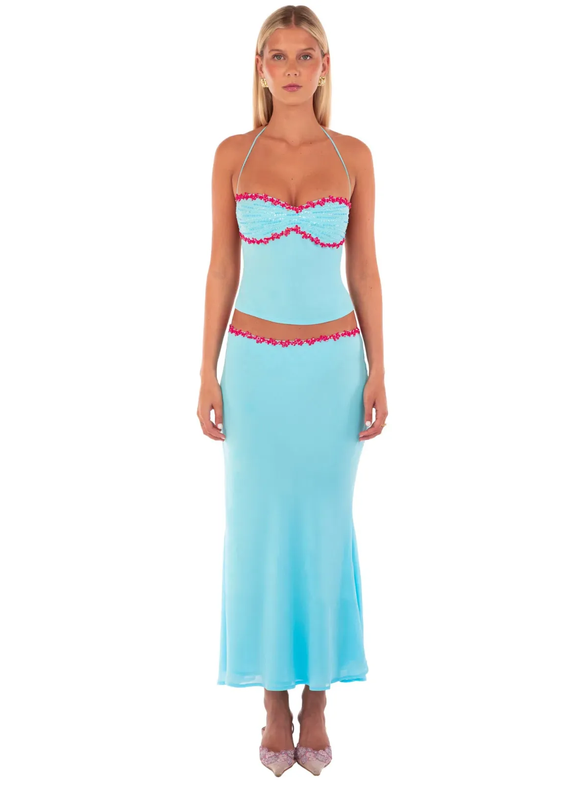 I am Delilah Jemima Halter Top and Midi Skirt Set in Sapphire Size 10 for rent on The Volte - main image
