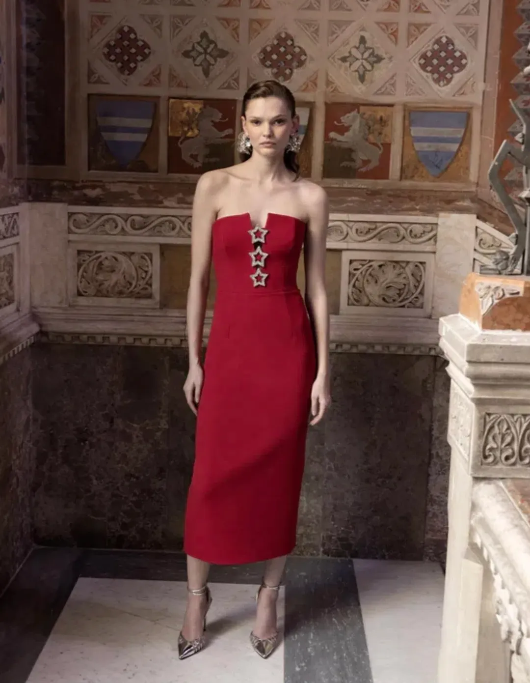 Rebecca Vallance Akari Strapless Midi Dress Red Size 8 for rent on The Volte - main image