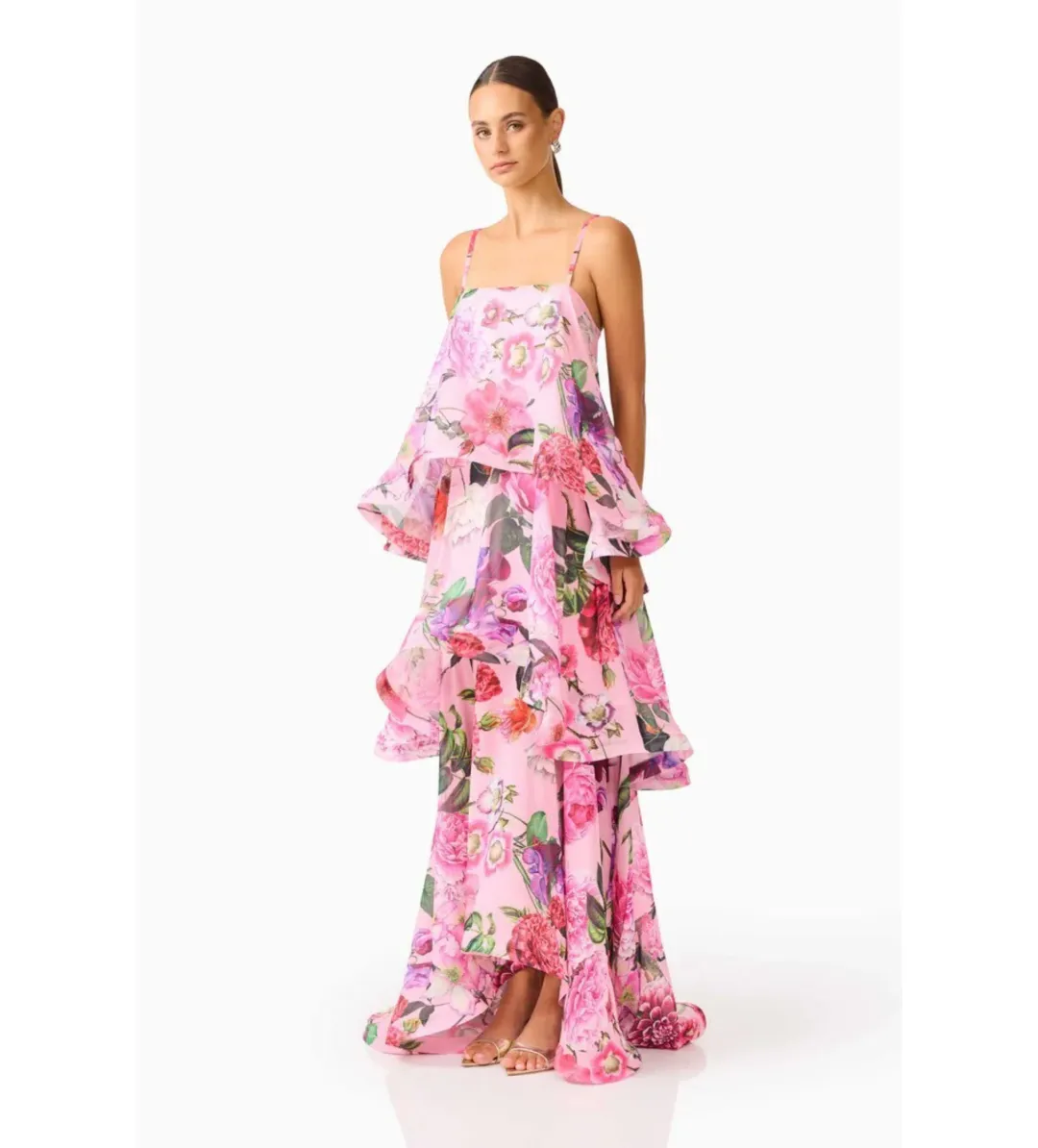 Elliatt Armani Tiered Maxi Dress Pink Floral Size L AU 12 for rent on The Volte - main image