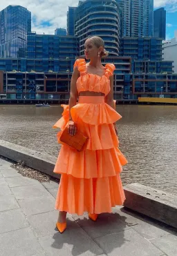 Aje Medina Mandarin Orange Set Top and Tiered Skirt Size 4-6 for rent on The Volte - image 1